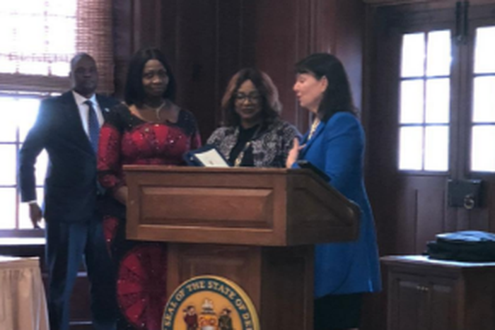 The Chairman/CEO of Nigerians in Diaspora Commission, Hon. Abike Dabiri-Erewa and the Chairman, House Committee on Diaspora, Hon Tolulope Akande-Sadipe discussing issues relating to Nigerian Diasporans in State of Delaware, USA. [Twitter/@nidcom_gov]