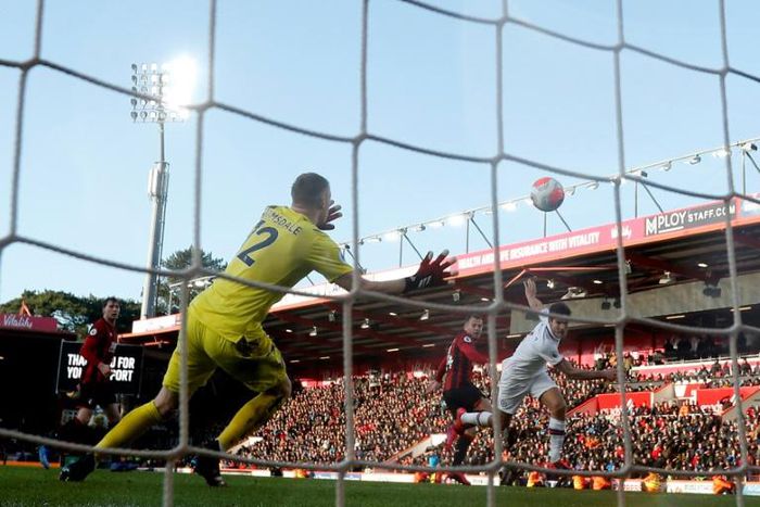 The equaliser - Marcos Alonso scores his second goal for Chelsea in a 2-2 draw at Bournemouth