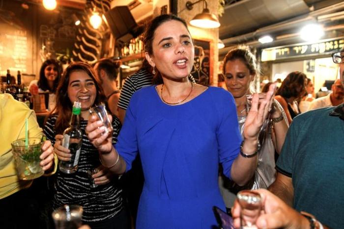 Israeli former justice minister Ayelet Shaked campaigns for the far-right Yamina (Rightward) alliance ahead of September's inconclusive general election
