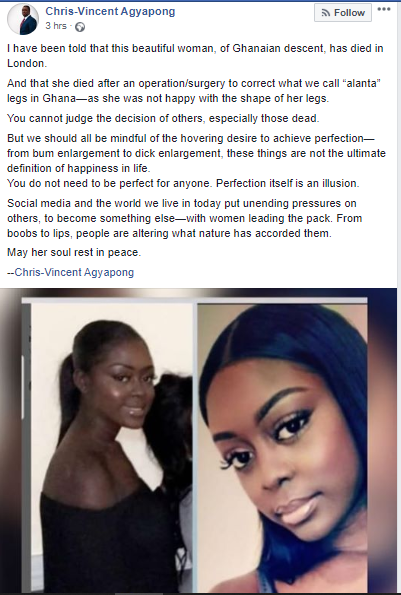 Pretty Ghanaian lady dies during alleged surgery to have 'beautiful' legs