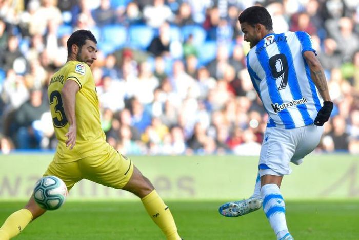 Target man: Willian Jose shoots to score his most recent goal for Real Sociedad, against Villarreal on January 5
