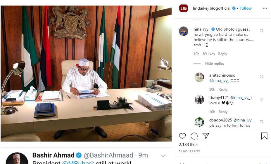 One of the former housemates of Nigeria's biggest reality TV show, Big Brother Naija, Nina has tackled the presidential media aide on media, Bashir Ahmed over the recently released photo of the president. [Instagram/LindaIkejiBlog]