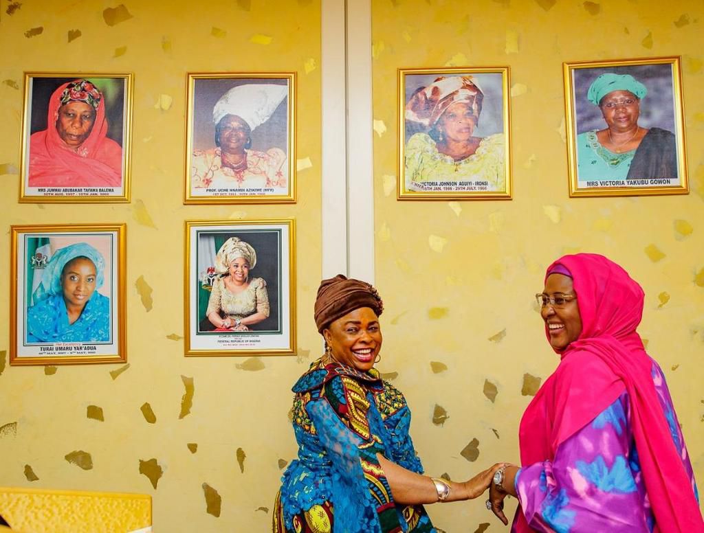 Aisha Buhari meets Patience Jonathan at Presidential Villa. [Twitter/@aishambuhari]