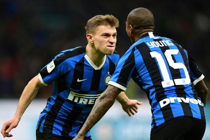 Inter Milan's Nicolo Barella celebrates with Ashley Young after scoring
