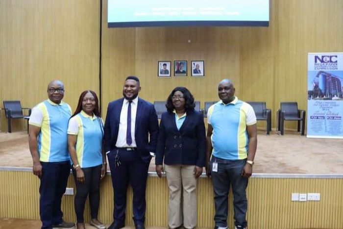 L-R: Sunday Atu, Assistant Director, Policy Competition and Economic Analysis (PCEA), Nigerian Communications Commission (NCC); Afundu Edith, Deputy Director, PCEA, NCC; Chukwuyere Ebere, telecommunications lawyer/guest speaker; Josephine Amuwa, Direct...