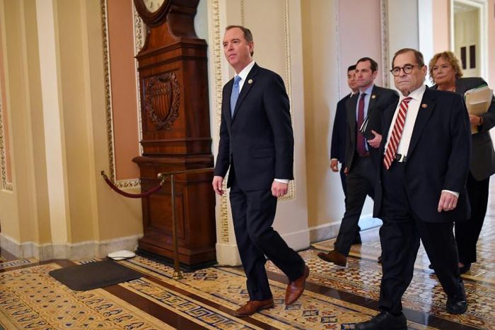 House Impeachment prosecutors, including Adam Schiff (L), Jerry Nadler (R) and Zoe Lofgren (R rear), are to offer evidence on the charge of obstruction of Congress before closing their case against President Donald Trump