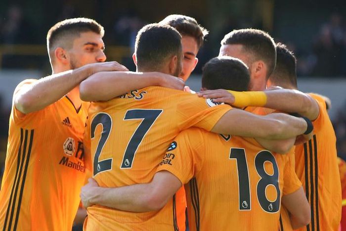 Wolves celebrate Diogo Jota's second goal in a 3-0 win against Norwich in the Premier League