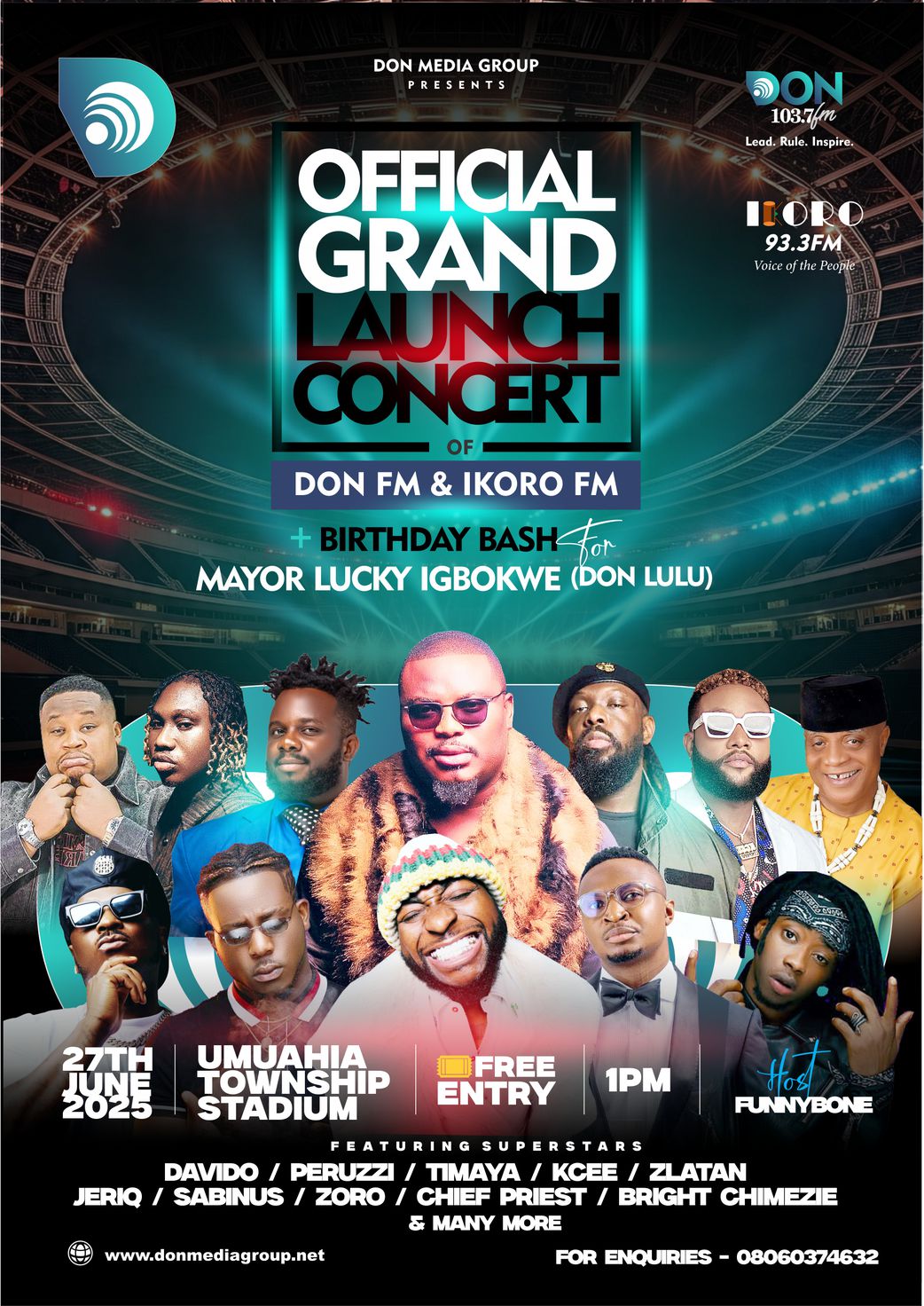 Davido, Timaya, Kcee, Cubana Chief Priest, Bright Chimezie, Peruzzi, Zlatan, Zoro, Jeriq, Sabinus, Funnybone for Don’s Media Launch in Abia State
