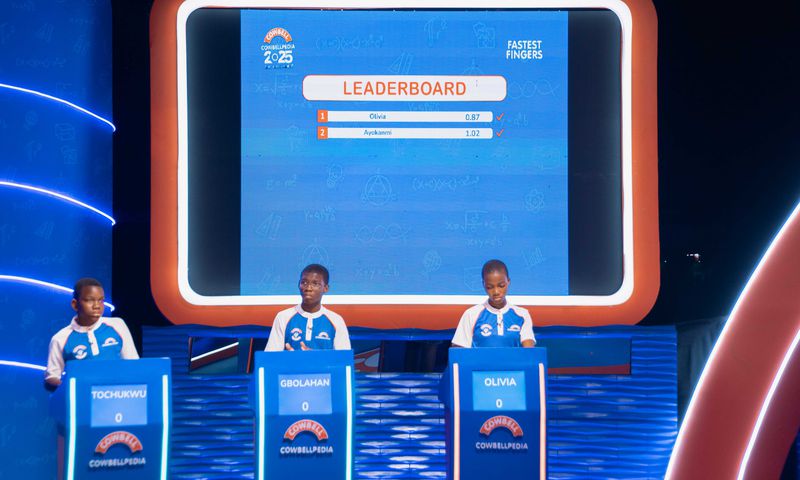 Students during one of the fastest fingers segments of the Cowbellpedia quiz show, 2025, themed Mega Minds.