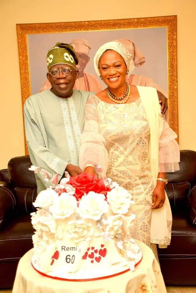 The National Leader of the All Progressives Congress (APC) Senator Bola Ahmed Tinubu felicitates with his wife, Senator Oluremi Tinubu as she turned 60. [Twitter/@Mr_JAGss]