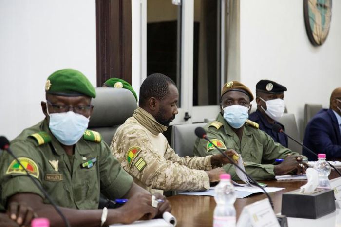 Talks: The junta, which calls itself the National Committee for the Salvation of the People, is headed by Col. Assimi Goita, centre