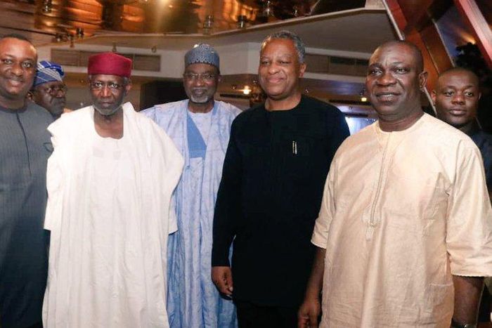 Abba Kyari (2nd from left) with Minister of State for Labour Festus Keyamo (1st from left), Foreign Affairs Minister Geoffrey Onyeama (2nd from right) and former Deputy Senate President Ike Ekweremadu (1st from right) Photo credit @GeoffreyOnyeama on T...