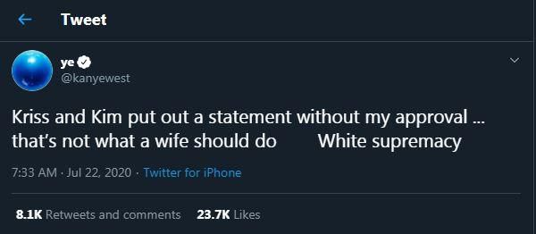 Kanye West accuses wife and mother-in-law of white supremacy [Twitter/KanyeWest]