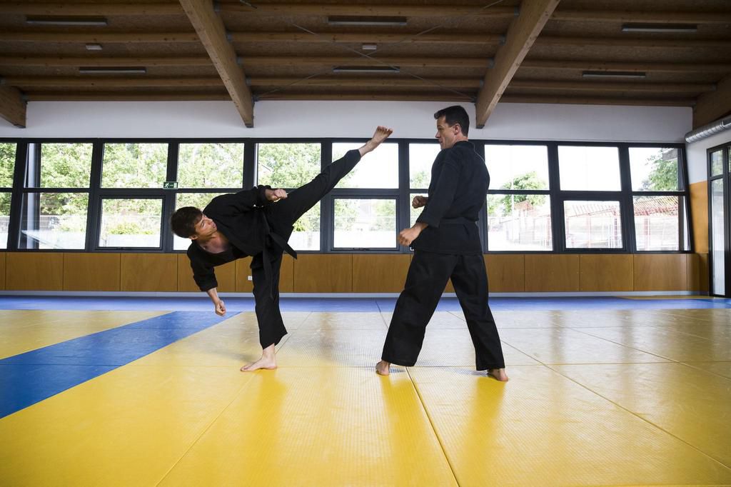 Side view of two men in black kimono practicing hapkido fighting att