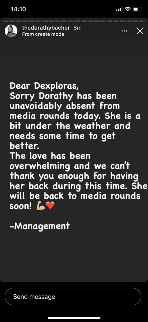 Dorathy Bachor's Instagram page handler confirmed the cancelling of media rounds [Instagram/thedorathybachor]
