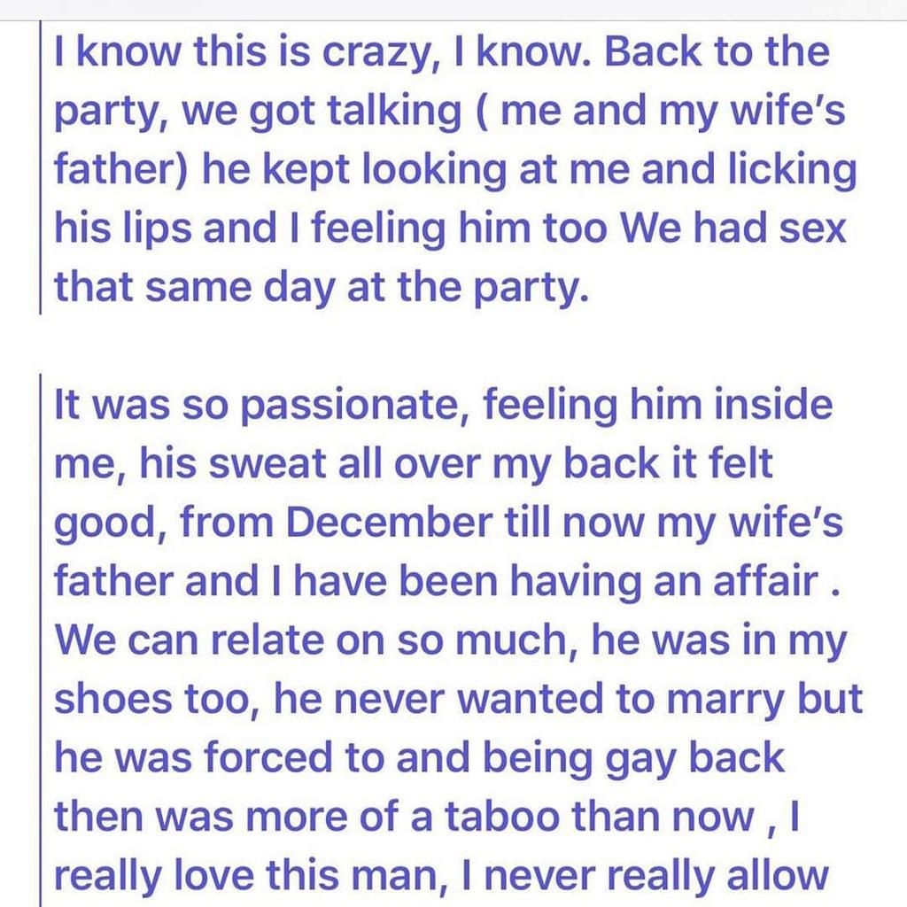 I’ve been sleeping with my wife’s father since December last year; I love this man – Man confesses