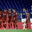 Roma's Leonardo Spinazzola (3rd L) celebrates after scoring aginst Inter Milan at the Olympic Stadium in Rome.
