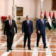 Egyptian President Abdel Fattah al-Sisi (C), Libyan strongman Khalifa Haftar (R) and the Libyan Parliament speaker Aguila Saleh at a joint press conference in Cairo Saturday