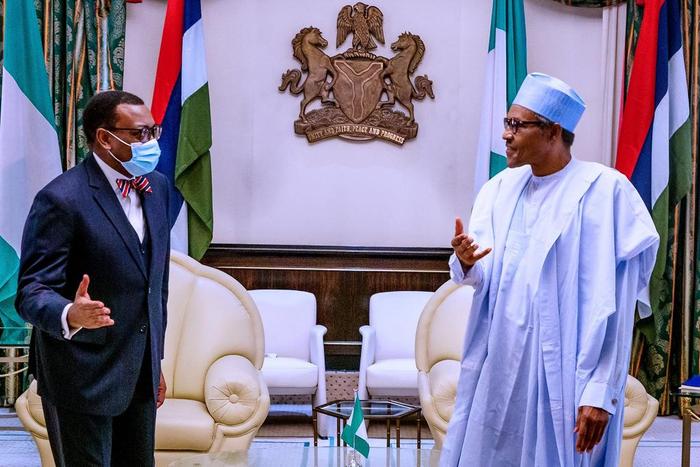 Embattled AfDB President, Akinwumi Adesina, meets President Muhammadu Buhari in Aso Villa. [Twitter/@BashirAhmaad]