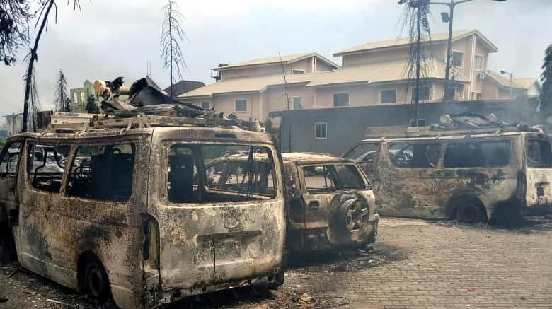 Over 40 vehicles were set ablaze by angry mob at TVC (Premium Times)