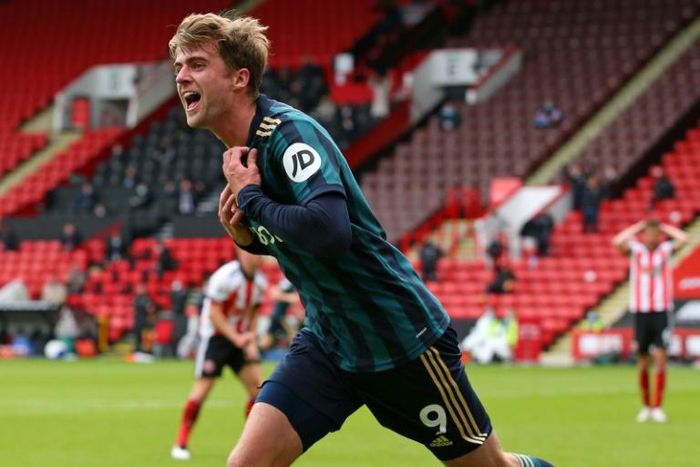 Leeds striker Patrick Bamford celebrates after scoring against Sheffield United