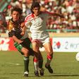 Mark Fish (L) playing in the 1996 Africa Cup of Nations final against Tunisia, which South Africa won 2-0 in Soweto