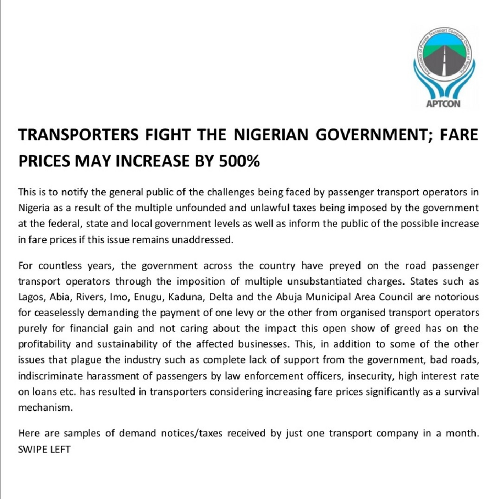 Transporters fight the Nigerian government; fare prices may increase by 500%