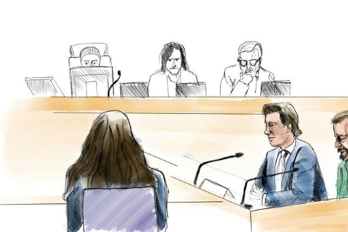 A court sketch by artist Johan Hallnas shows the defendant Daniel Nyqvist (front right), accused of committing a double murder in 2004