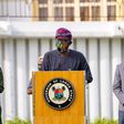 Lagos State governor, Babajide Sanwo-Olu, flanked by deputy governor, Obafemi Hamzat (left), and Commissioner for Health, Akin Abayomi (right) [Twitter/@babajidesanwoolu]
