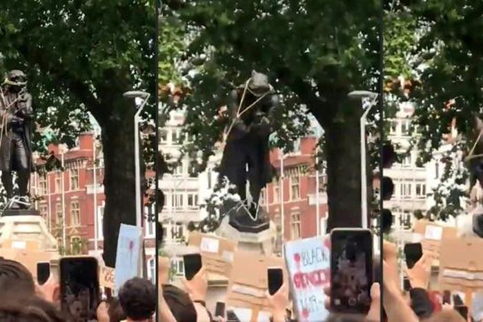 Sequence of pictures showing demonstrators pulling down the bronze monument to Edward Colston in Bristol and threw it into the harbour