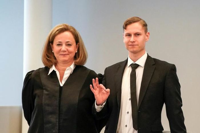 Norwegian Philip Manshaus (right), with his lawyer (left) pleaded not guilty to opening fire at a mosque near Oslo last year