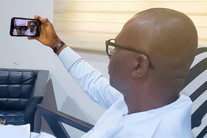 Lagos State Governor, Mr Babajide Sanwo-Olu, on video streaming while celebrating Easter with the medical workers at the Infectious Diseases Hospital (IDH), Yaba and the Onikan Isolation Centre, Lagos Island.