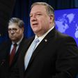 US Secretary of State Mike Pompeo addresses reporters on the International Criminal Court alongside Attorney General William Barr