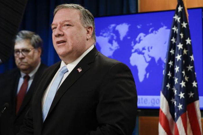 US Secretary of State Mike Pompeo addresses reporters on the International Criminal Court alongside Attorney General William Barr