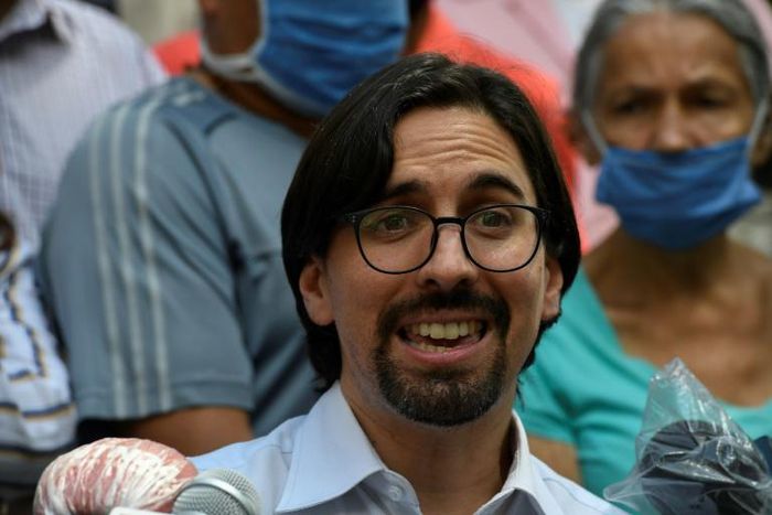 Venezuelan opposition lawmaker Freddy Guevara addresses the media after leaving the Chilean embassy in Caracas for the first time in three years after being pardoned by President Nicolas Maduro