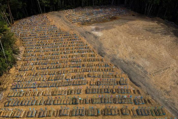 Graves in the Nossa Senhora Aparecida cemetery in Manaus, Brazil -- the country has now registered over 80,000 coronavirus deaths