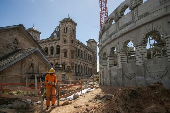 A construction worker on the site of a Roman-style amphitheatre in Antananarivo -- a pet project of President Andry Rajoelina