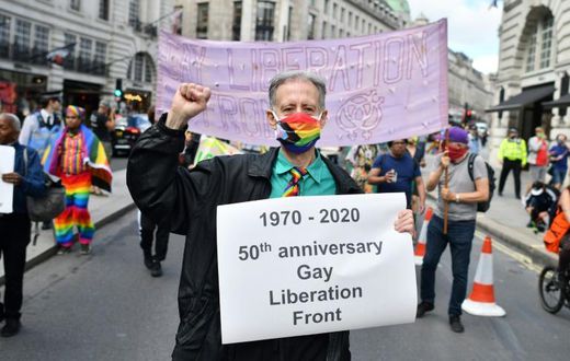 British gay rights activist Peter Tatchell jonied other veteran campaigners to mark the 50th anniversary of the founding of the London Gay Liberation Front