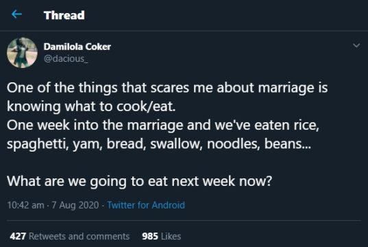 “One of the things that scare me about marriage is knowing what to cook" - Lady cries