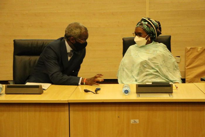 Mr Babatunde Fashola, Minister of Works and Housing and Finance and National Planning, Zainab Usman at the handing over ceremony. [Twitter/@FMWHNIG]