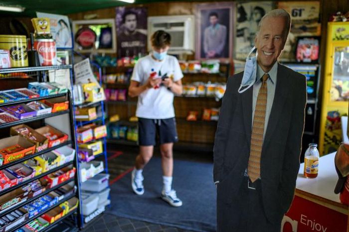 A cardboard cutout of Joe Biden greets customers at Hank's Hoagies, in Scranton, Pennsylvania, on August 11, 2020