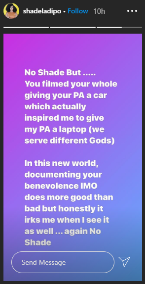 Shade Ladipo has slammed Toke Makinwa for her tweets about people 'filming the recipients of your benevolence.' [LindaIkeji]