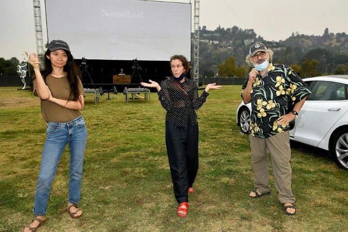 The US premiere of "Nomadland" was greeted by raucous honking horns and flashing headlights at a drive-in screening in Pasadena, on the outskirts of Los Angeles