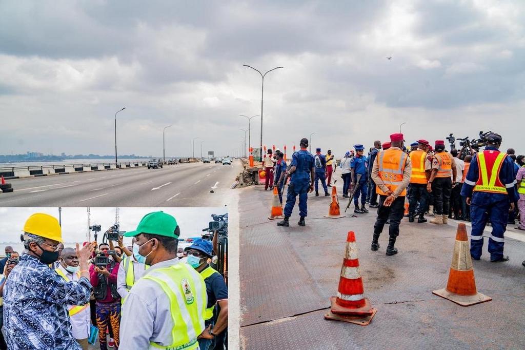 Minister of Works and Housing, Mr Babatunde Fashola inspects the maintenance work ongoing on the Third Mainland Bridge in Lagos. [Twitter/@BoluAdeosun