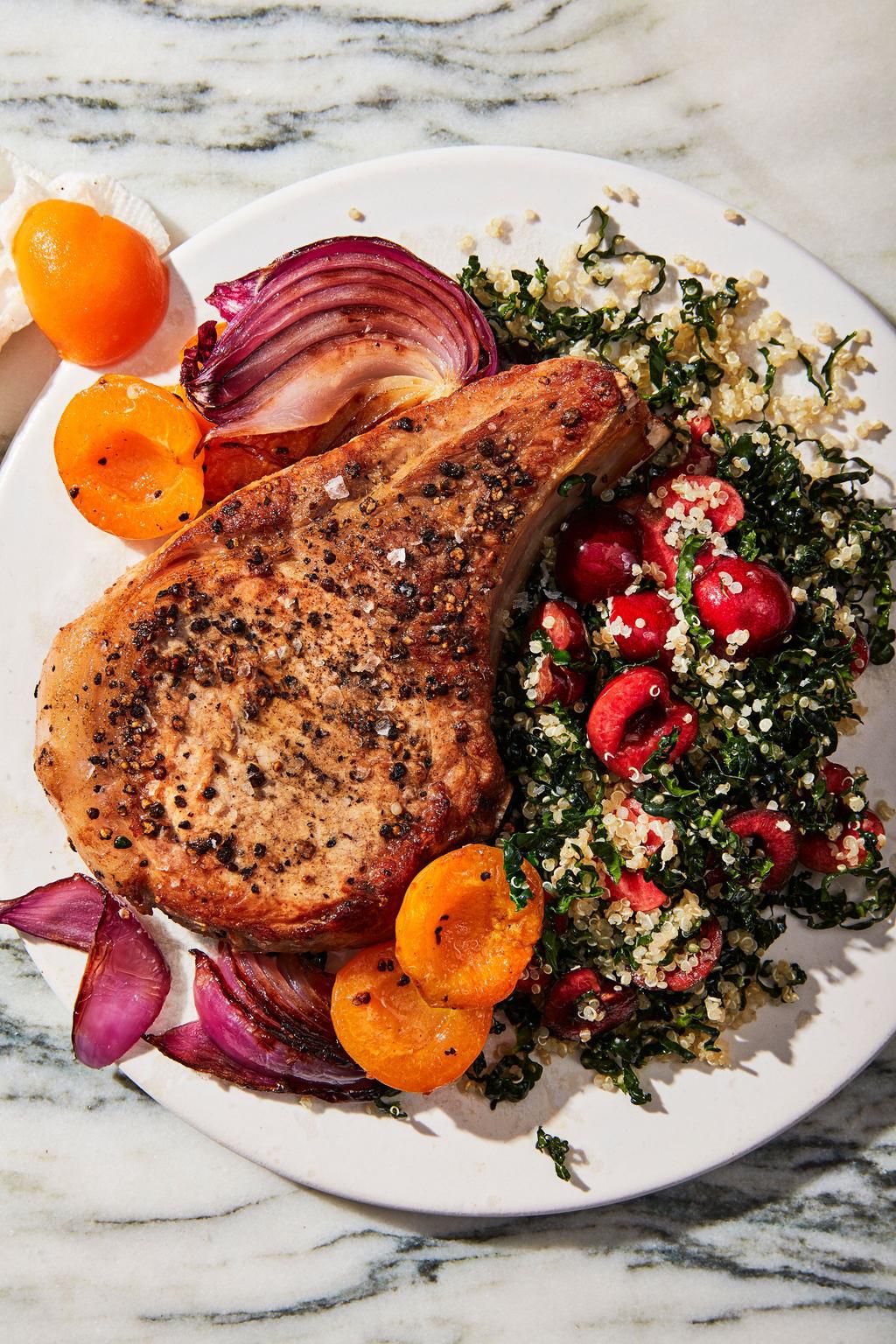 And this is Apricot Pork Chop with Kale-Cherry-Quinoa Salad. The recipe is coming shortly.