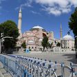 A picture taken on July 11, 2020 shows police fences set up around Hagia Sophia in Istanbul, a day after a top Turkish court revoked the sixth-century Hagia Sophia's status as a museum, clearing the way for it to be turned back into a mosque
