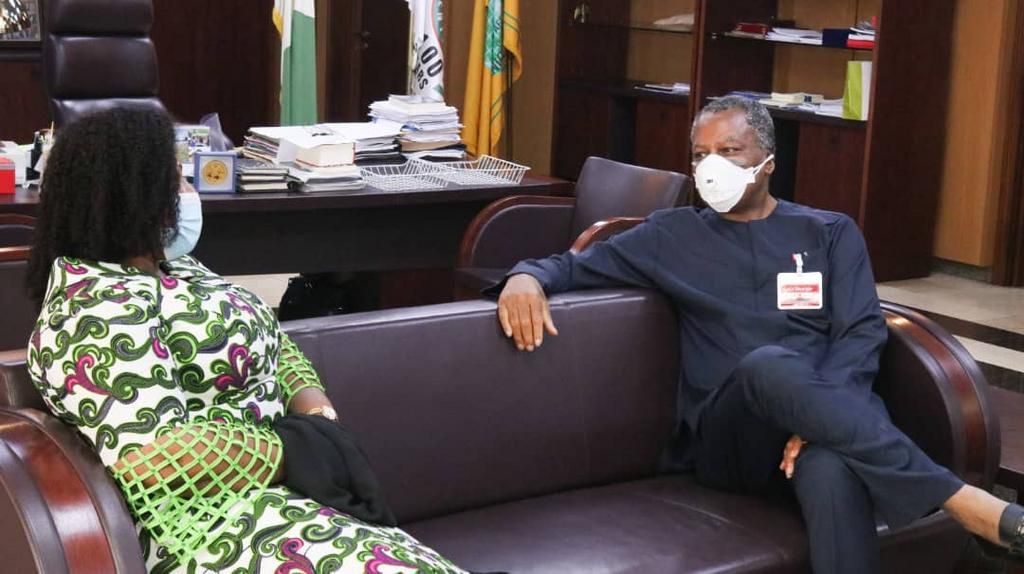 Ms Ms Iva Denoo, Charge d Affaires of Ghana to Nigeria, and Geoffrey Onyeama, Nigeria's Minister of Foreign Affairs, on Monday in Abuja. [Twitter/@GeoffreyOnyeama]