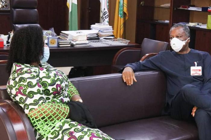 Ms Ms Iva Denoo, Charge d Affaires of Ghana to Nigeria, and Geoffrey Onyeama, Nigeria's Minister of Foreign Affairs, on Monday in Abuja. [Twitter/@GeoffreyOnyeama]