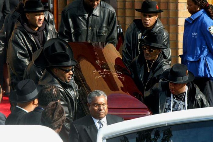 The coffin of Run-DMC's Jam Master Jay, the rapper born Jason Mizell, is carried out of a Queens Cathedral after his funeral on November 5, 2002