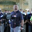 New York Police Benevolent Association President Mike O'Meara and representatives from other NYPD and law enforcement unions hold a news confenece at the Icahn Stadium parking lot on June 9